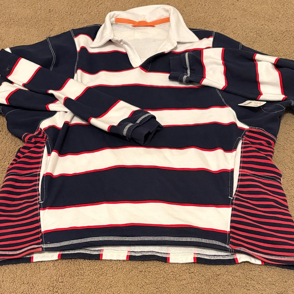 FP Movement by Free People Navy and White Striped Crewneck Sweater